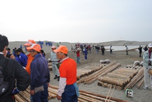 数百人が集まって、あの砂丘の向こうで堆砂垣を設置（2012年浜松市中田島砂丘）