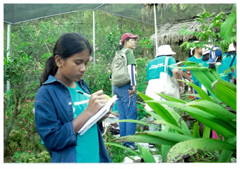 昆虫園で観察した植物や昆虫の名前をメモする参加者