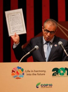 COP10閣僚級会合の開会式で宣言文を掲げ、紹介するジョグラフ事務局長（ⒸGovernment of Japan）