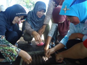 インドネシア・OB会研修センターの育苗所にて野菜栽培の研修を受ける女性たち