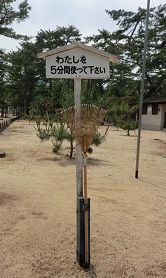 津田の松原（香川県）では市民がいつでも松葉掻きができるよう熊手が設置されている。看板にも工夫があり、こうした取り組みを参考にして「名取市民の森」をつくっていく