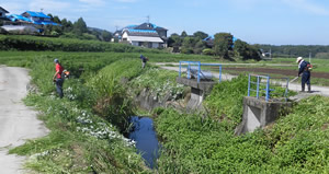  西原村玉田川沿いの草刈りの様子。奥には屋根をブルーシートで覆った家屋が見える