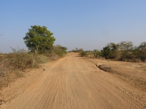 村へ行くこの道も（どの道も）、「WFPとOISCAが協力して、政府や村人とともに造った」と小さな石碑がある。雨季にはぬかるみ、乾季には砂塵舞うこの道でも、村人にとって大きな意味があった