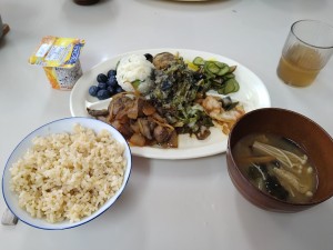 玄米ご飯にレバーで鉄分補給。甘酸っぱいブルーベリーは西日本研修センターからの贈り物です。目の疲れも一気に取れます！
